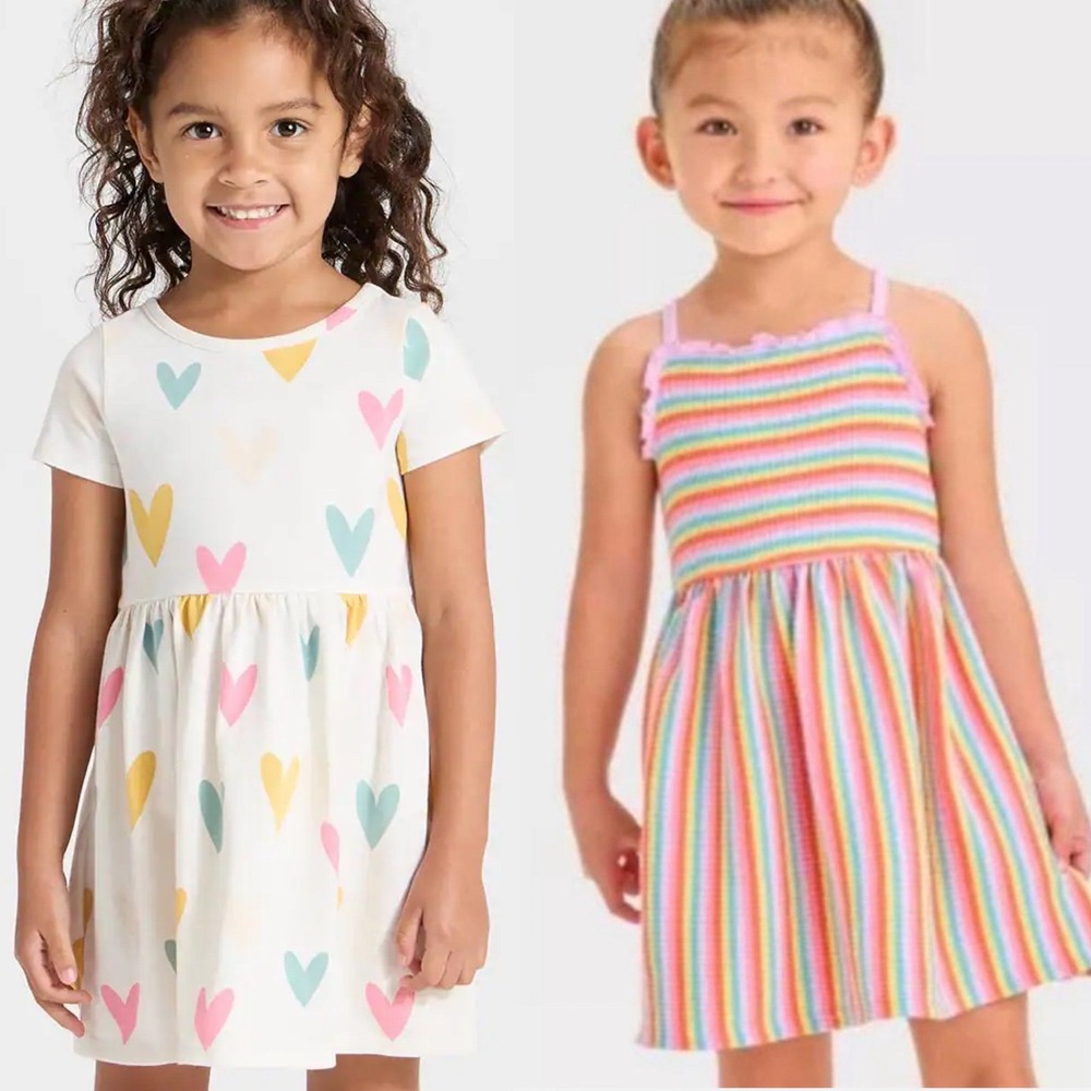 Lot of 2 Cat & Jack‎ Girls 5T Summer Dress Rainbow Stripe & Pastel Heart White